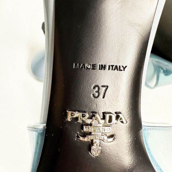 PRADA Blue Ciabatte Triangle Logo Slide Sandal Heels Size 37 Mule Clear PVC - Picture 12 of 13